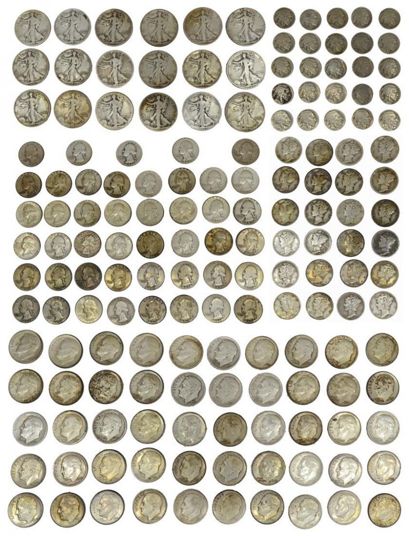 (162) AMERICAN PRE 1965 COLLECTIBLE COINS: (lot of 162) American pre 1965 collectibles coins: (18) Liberty Walking half dollars, 1941-1945; (25) Buffalo nickels, no key dates but includes 1913; (50) Roosevelt pre 1965 silver dimes; (24) Mercur