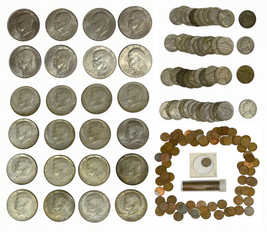 (lot) U.S. COLLECTIBLE COINS: (lot) U.S. coins: (8) Eisenhower dollars, 1971, 1972, 1974, all 'D' mint mark; (16) Kennedy half dollars, 1965, 1966, 1967, 1068, 1976; (47) Jefferson nickels. most pre 1961; (139) wheat pennies inclu