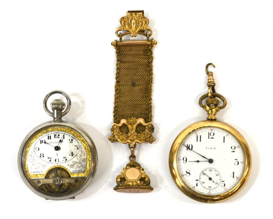 (2) OPERATING SWISS & ELGIN POCKET WATCHES: (lot of 2) Antique pocket watches: (1) Swiss marked "Magnific, Perfect, Lever, at face, jeweled open escapement balance wheel appears to be good, starts up to two minutes then stops; (1) Elgin pocket 