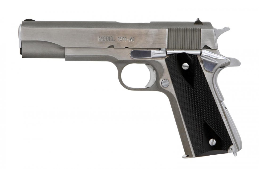 SPRINGFIELD ARMORY 1911A1 PISTOL, .45ACP: Springfield Armory Model 1911-A1 pistol, .45ACP caliber, stainless steel, two magazines, cleaning rod, all housed in Springfield hard case, mfg. Imbel, Brazil, SN WW129XXX *REQUIRES FFL TRANSER Start 