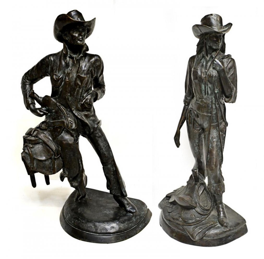 (2) WESTERN BRONZE FIGURES, COWBOY & COWGIRL: (lot of 2) Patinated bronze western figural sculptures, (1) Cowboy Wearing Hat and Holding Saddle, rising on a semi circle base, approx 35.5"h; (1) Cowgirl Wearing Hat with Saddle at Feet, rising on a