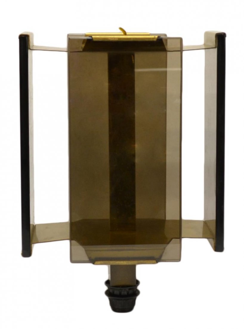 ITALIAN FRATELLI MELONI HANGING CEILING LAMP: Fratelli Meloni hanging ceiling light, Italy, 1960s, colored glass panels covering gilt metal standard issuing one light, mark to top and bottom, 13.5"h, 8.5lbs Start Price: $100.00
