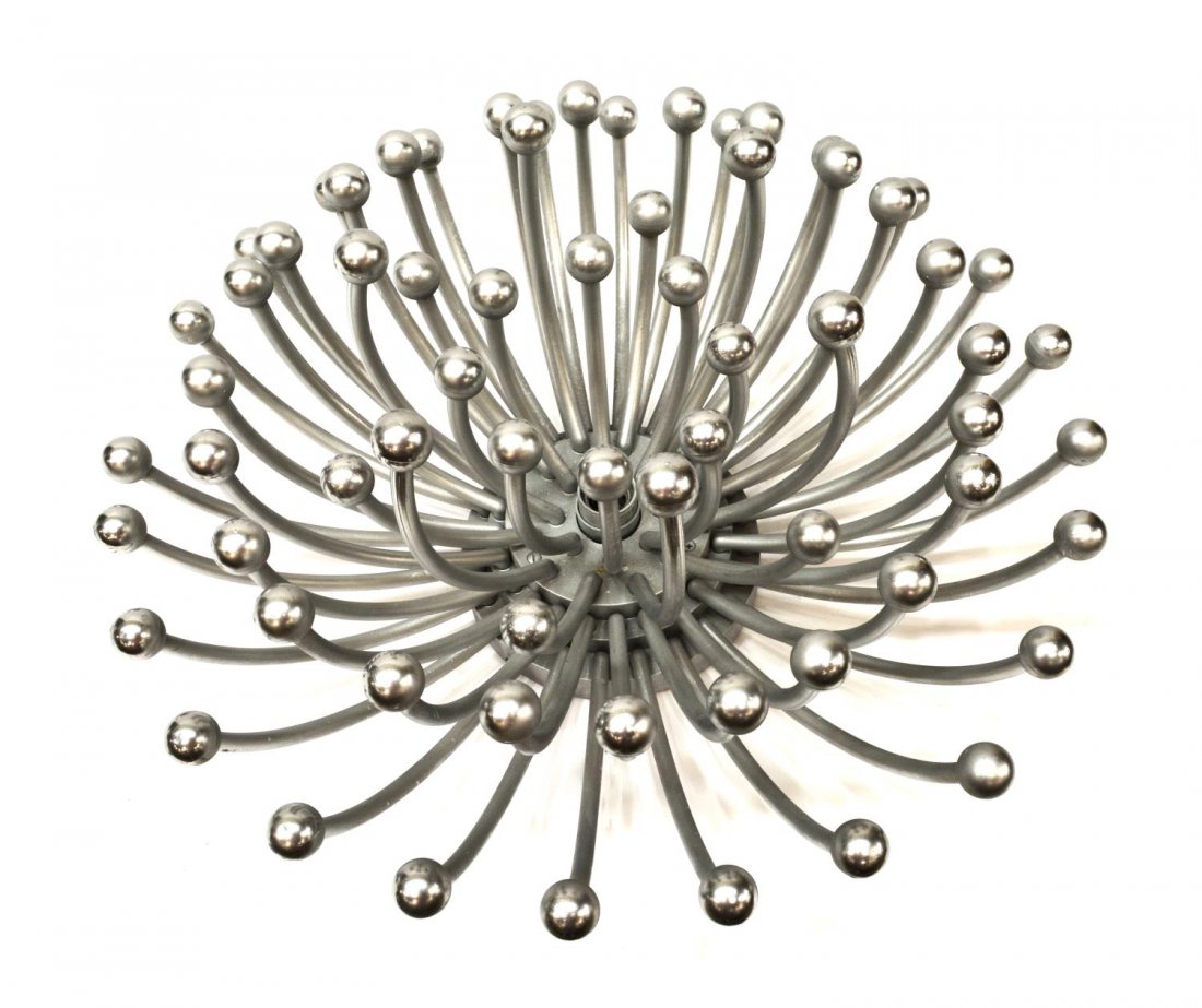 STUDIO TETRARCH VALENTI PISTILLO CHANDELIER: Italian mid-century modern chrome finish 'Pistillo' chandelier, c. 1960/70, design by Studio Tetrarch for Valenti, base having one center light with multiple radiating pistil shaped arms, marked on ba