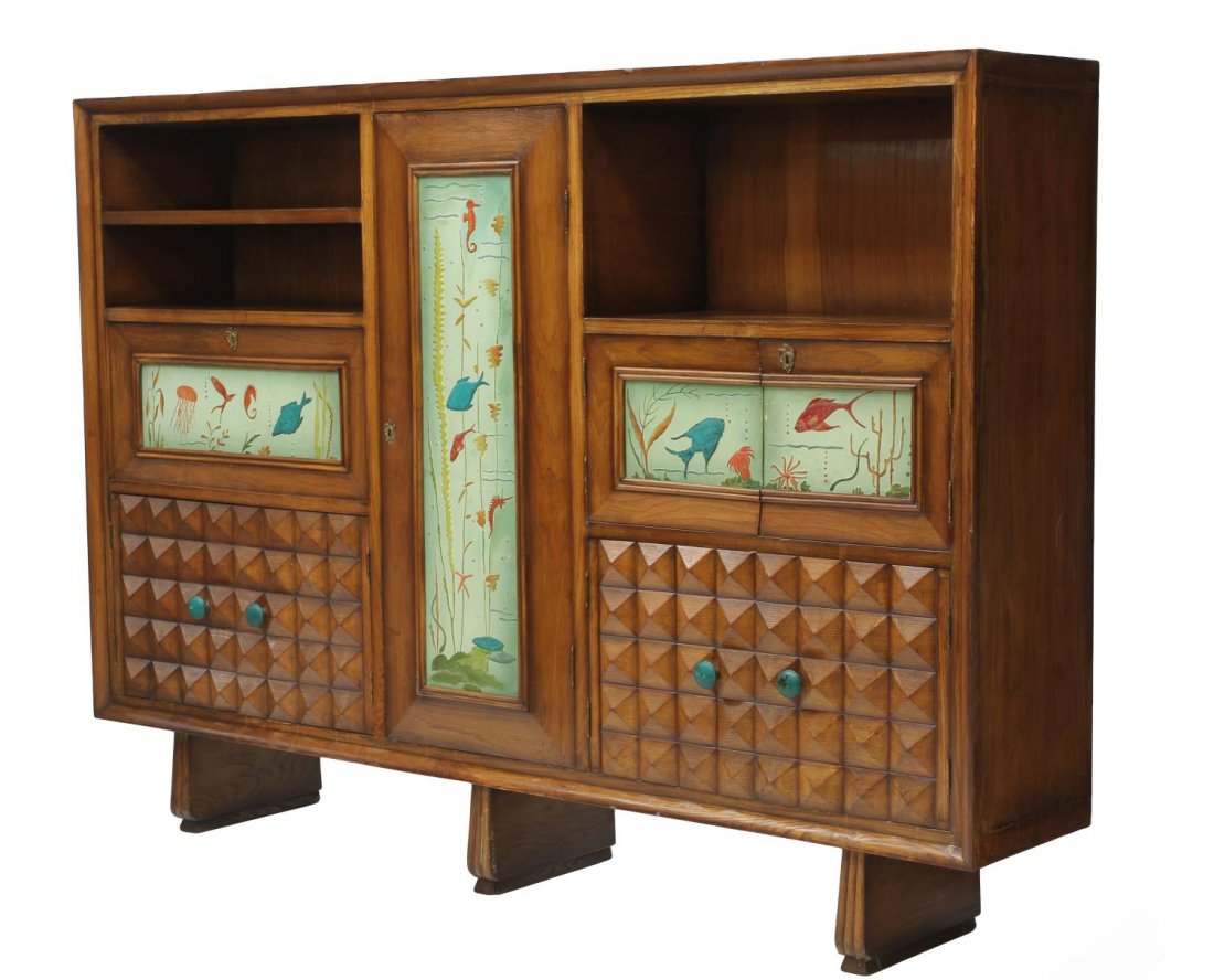 ITALIAN DESIGN PAOLO BUFFA (ATTRIB) SIDEBOARD: Italian mid-century modern sideboard, design attributed to Paolo Buffa (Italian, 1903-1970), c. 1950, decorated with painted panels showing assorted sea life, an oak cabinet with shelves, a drop front