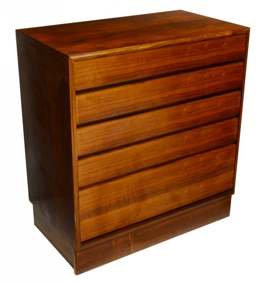 ITALIAN MID-CENTURY MODERN ROSEWOOD COMMODE: Italian mid-century modern rosewood commode, 1960's, five drawers rising from a plinth base, 34.25"h, 31.5"w, 17.75"d Start Price: $200.00