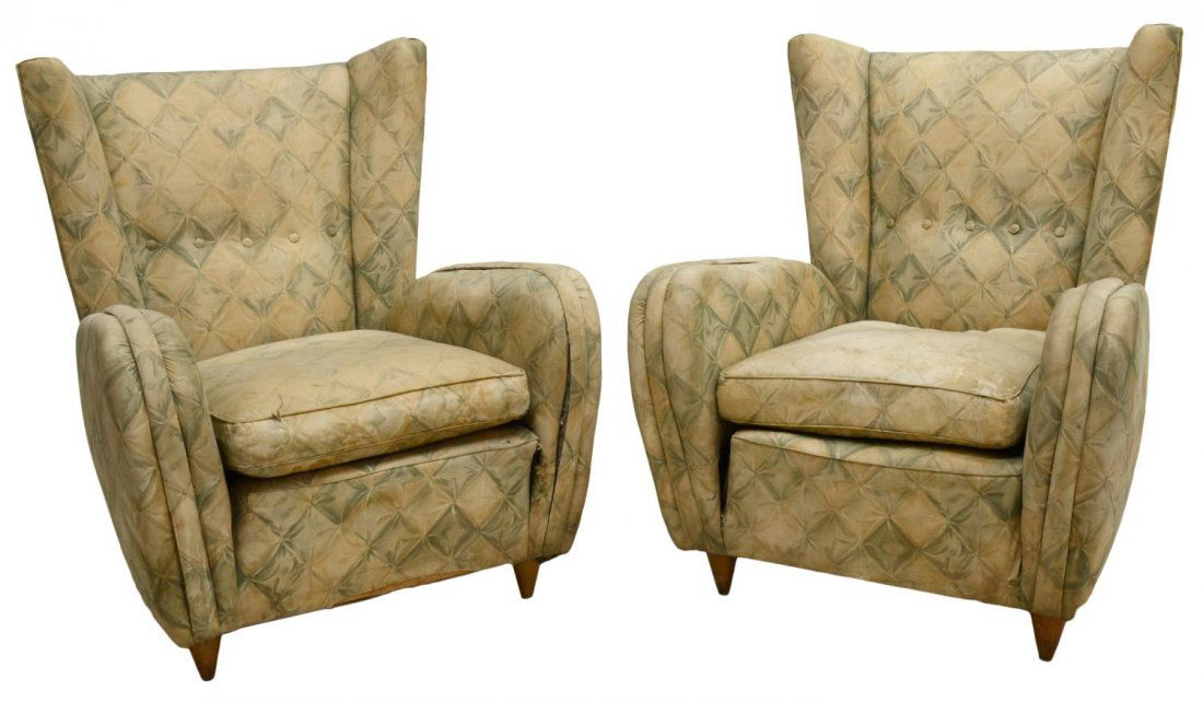 (2)PAOLO BUFFA ITALIAN MID-CENTURY MODERN CHAIRS: (pair) Italian mid-century modern lounge chairs, c. 1950, design attributed to Paolo Buffa(Italian, 1903-1970), wing back with rounded armrest rising on short tapered legs, in need of new upholstery,