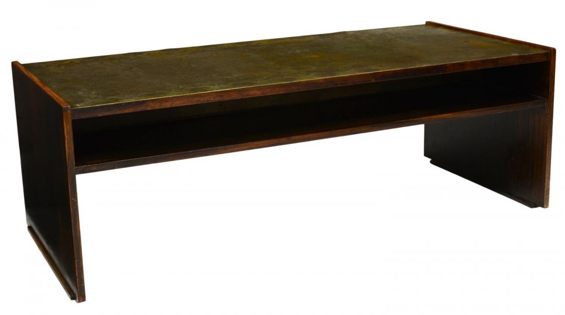 G. URSO MID-CENTURY MODERN ABSTRACT MOTIF TABLE: Mid-century modern rosewood and gilt metal coffee table, signed G. Urso 63, a rectangular top having low relief abstract geometric and figural motif top over a single shelf and shaped legs, approx 17"
