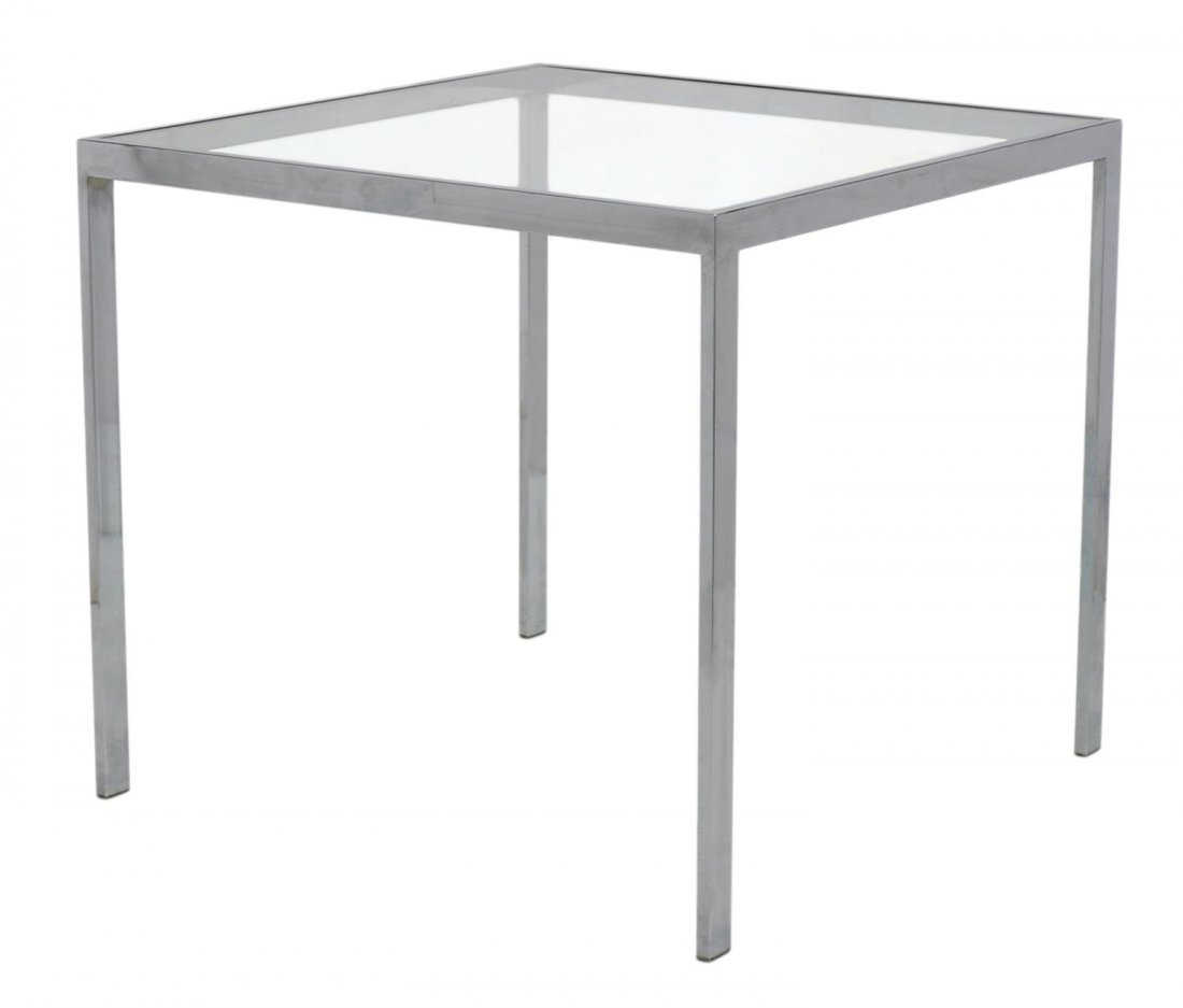 MILO BAUGHMAN CHROME STEEL GLASS TOP TABLE: Chrome steel framed square glass top table, design by Milo Baughman (1923-2003), 28"h, 31"w, 31"d Start Price: $60.00