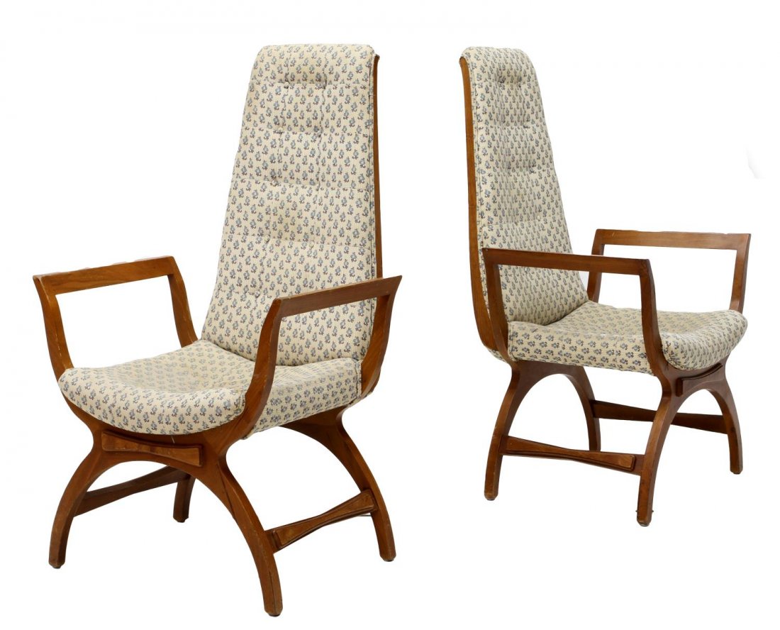 (2) PEARSALL STYLE HIGHBACK UPHOLSTERED ARM CHAIRS: (pair) Mid-century modern high back lounge chairs, in the manner of Adrian Pearsall, curved wooden frame with buttoned floral motif back and seat cushion, discoloration to fabric and restoration to ba