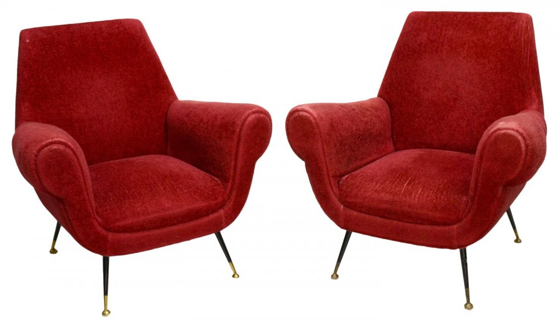 (2)EZIO MINOTTI ITALIAN MID-CENTURY MODERN CHAIRS: (pair) Italian mid-century modern arm chairs, design by Ezio Minotti, Lissone, c. 1960, wear to fabric, approx 35"h, 33.75"w, 28"d Start Price: $500.00