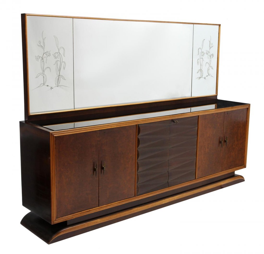 ITALIAN MID-CENTURY MODERN MIRRORED SIDEBOARD: Italian modern design rosewood and burled maple mirrored sideboard, c. 1930's, a floral etched mirror surmounting the long rectangular case with black glass top, a pair of ornamental doors at center c