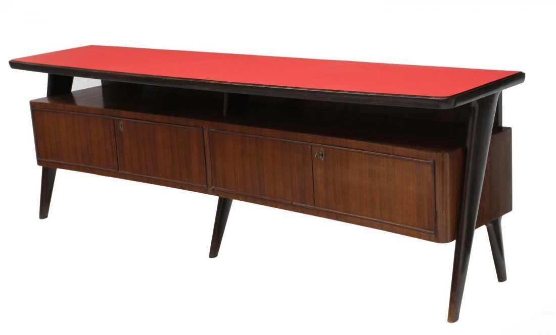 ITALIAN MID-CENTURY LAMINATE TOP SIDEBOARD, DASSI: Italian mid-century modern sideboard, design attributed to Vittorio Dassi (Milan, 1893-1973), a long rectangular red laminate top over open storage, four lower doors, all rising on tapered angular ful