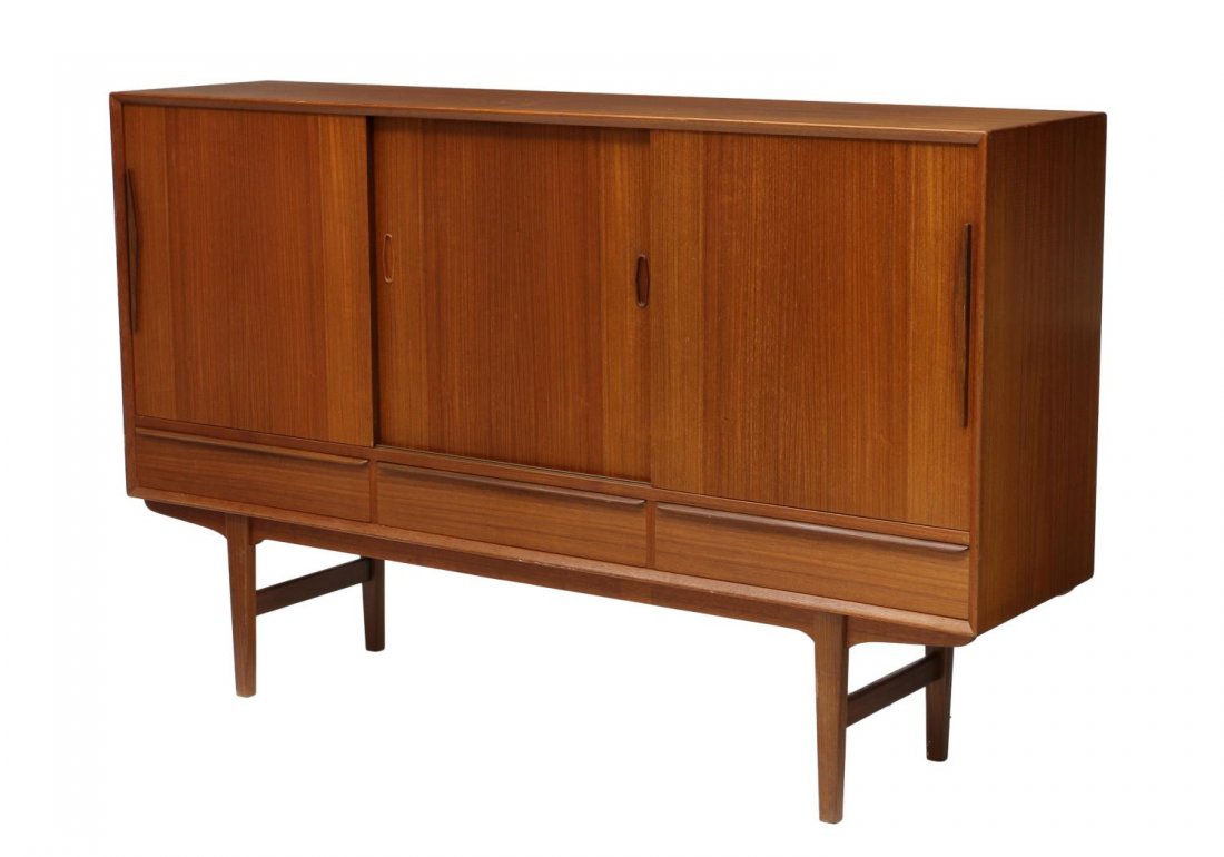 DANISH MID-CENTURY MODERN TEAKWOOD SIDEBOARD BAR: Danish mid-century modern teakwood sideboard bar, c. 1950's / 1960's, sliding doors open a central etched mirror and drawers, shelving to either side, raised on angled legs, some veneer loss long side