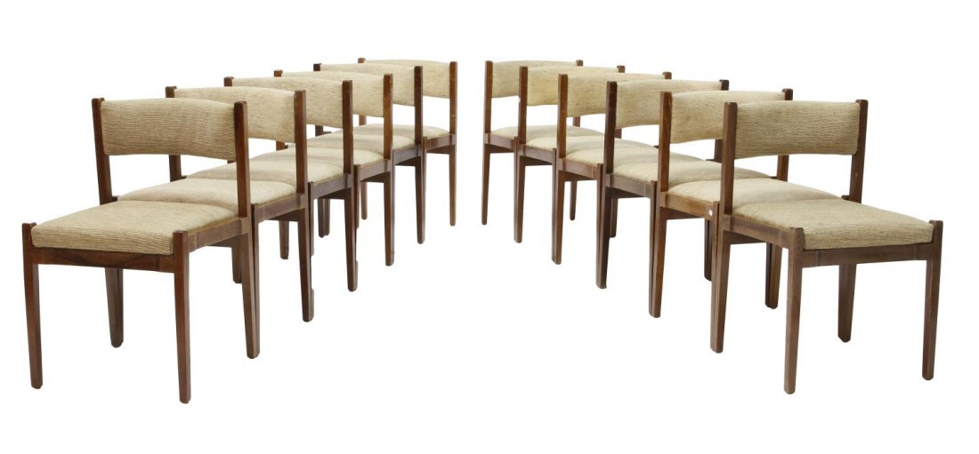 (12) ITALIAN MID-CENTURY MODERN CASSINA SIDE CHAIR: (lot of 12) Italian mid-century modern side chairs bearing the tags of "Figli di Amedeo Cassina, Meda, Italy, a teakwood frame with upholstered curved back rail and seat in a beige fabric, rising on t