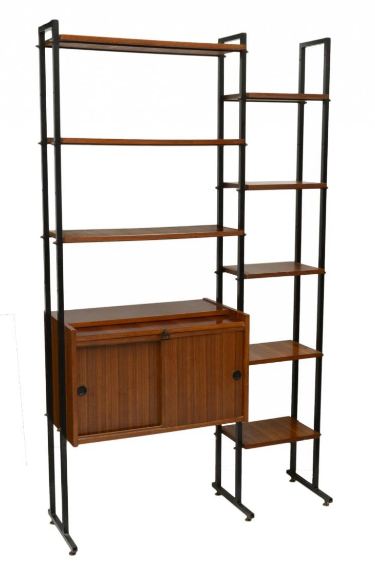 ITALIAN MID-CENTURY MODERN STEEL FRAMED BOOKCASE: Italian mid-century modern steel framed bookcase, c. 1960, adjustable height shelves with a pull out writing surface over a sliding door cabinet, 74.5"h, 44.5"w, 15.5"d Start Price: $300.00