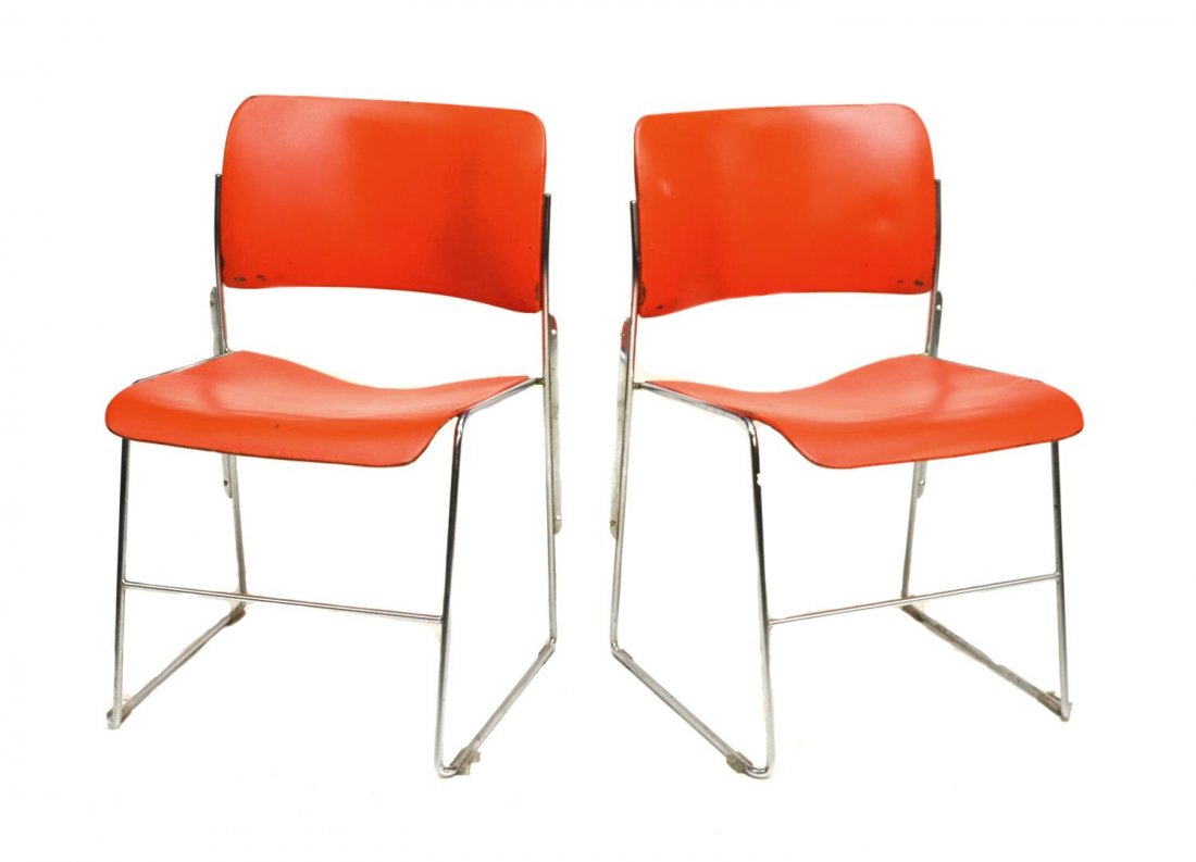 DANISH MID-CENTURY MODERN CHROMED SIDE CHAIRS: Danish mid-century modern painted metal side chairs, c. 1950's / 1960's, held on a chromed steel base, some loss to finish, approx 30.5"h, 20"w, 17.5"d Start Price: $60.00