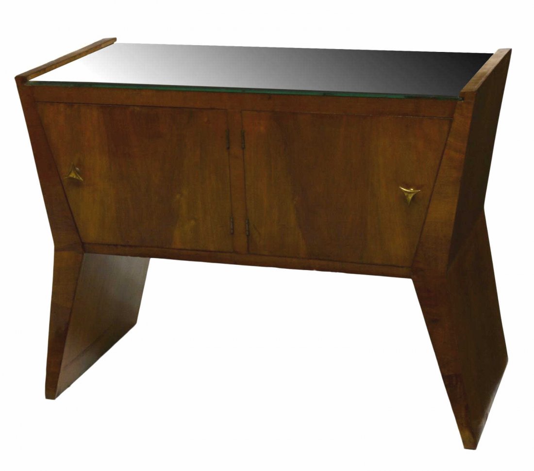 ITALIAN MID-CENTURY MODERN MIRRIORED CABINET: Italian mid-century modern cabinet, 1930's, a rectangular mirrored glass top over a two- door cabinet, rising on angular legs, some surface wear and loss of silver to mirrored top, approx 25.5"h, 33.5