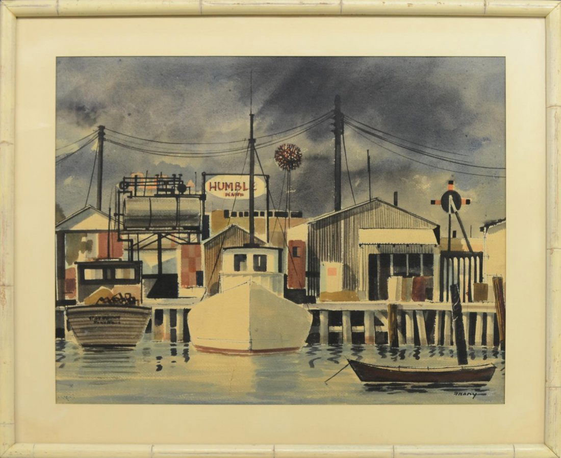 MICHAEL FRARY (1918-2005) WATERCOLOR HARBOR BOATS: Framed watercolor on paper under glass, Boats at Harbor Dock, signed lower right Frary (Michael G. Frary, California, Texas, 1918- 2005), sight: 20.75"h, 26.75"w, overall: 27.75"h, 33.75"w, 10lbs Star