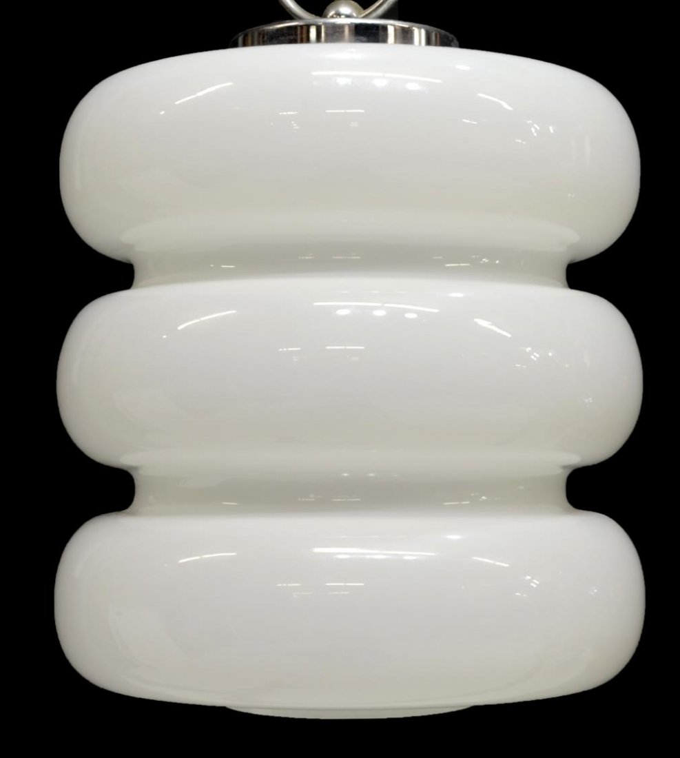 ITALIAN MID-CENTURY MODERN ONE LIGHT CEILING LAMP: Italian mid-century modern one light hanging lamp, c. 1960, lobed white glass shade housing one light, in need of wiring, approx 17"h (excluding ceiling chain), 12"w Start Price: $100.00