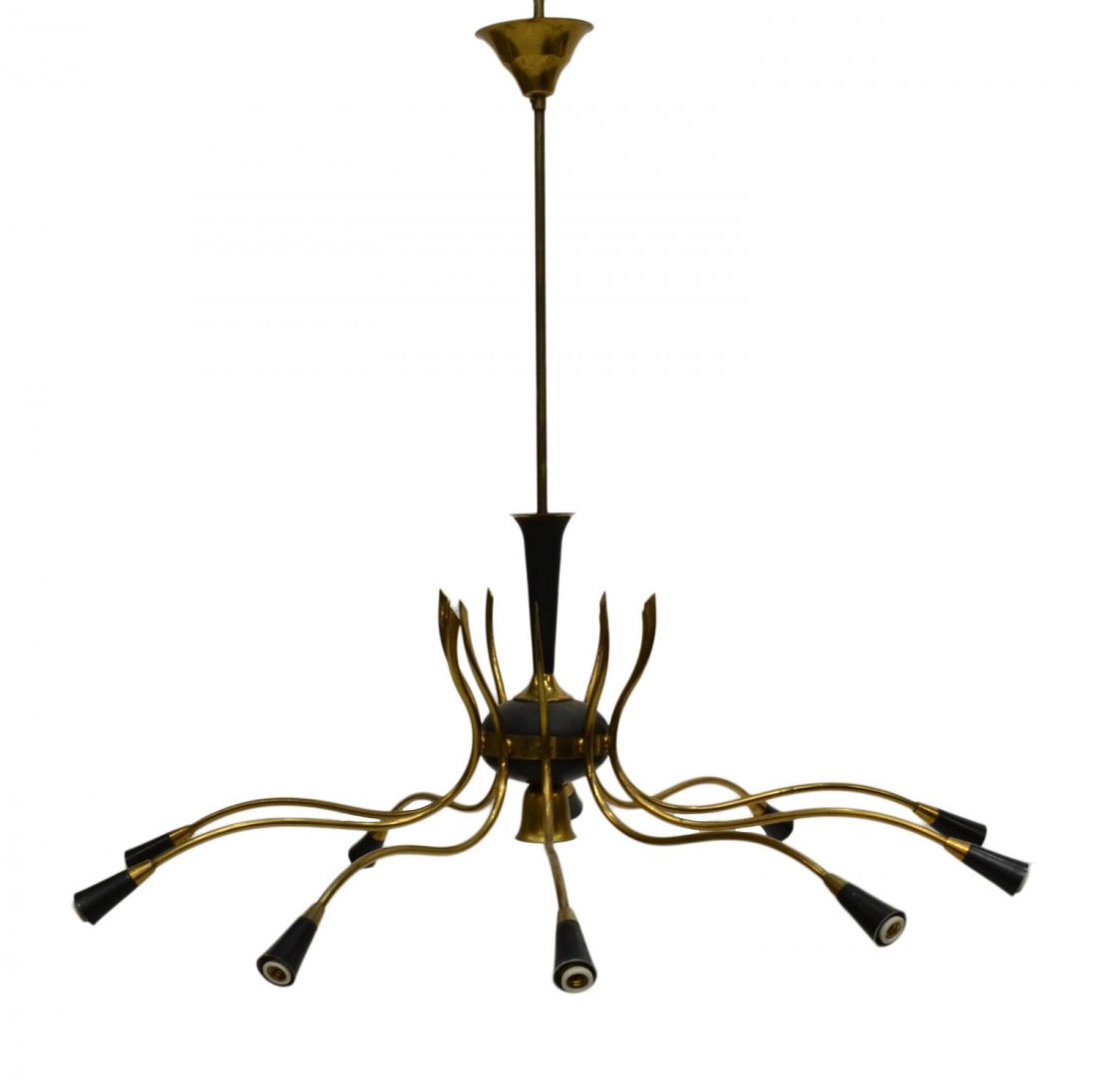 MID-CENTURY MODERN 'SPYDER' CHANDELIER: Mid-century modern eleven-light 'Spyder' chandelier, c. 1960, tubular standard holding one drop light, issuing ten curved arms holding black conical light holders terminating in lights, 32"h, 31"w Sta