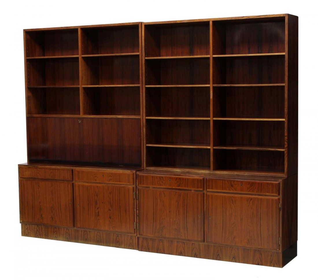 DANISH MID-CENTURY MODERN ROSEWOOD WALL UNIT: (lot of 2) Danish mid-century modern rosewood bookcase wall unit, two cabinets, one having open display shelves over a fall front section fitted with cubbies and drawers, the the other shelves, both w