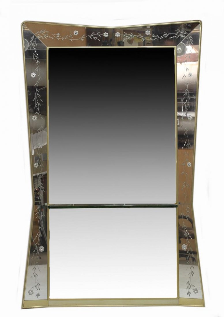 ITALIAN MID-CENTURY CRYSTAL ART CONSOLE & WALL MIRROR: Italian mid-century modern glass console table and mirror, by Crystal Art, c. 1950, a large full length wall mirror having cut foliated border, wall mount bracket glass console table, approx 95"h, 59"