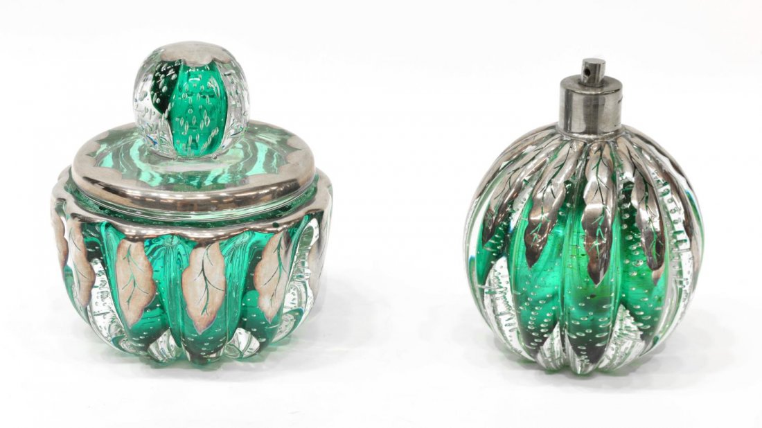 (2) VINTAGE ITALIAN MURANO ART GLASS DRESSER ITEMS: (lot of 2) Italian Murano art glass table items, c.1950, each green with silver overlaid leaves, air bubbles, ribbed sides, comprising: (1) perfume bottle, approx 5.25"h; (1) lidded dresser jar, appro