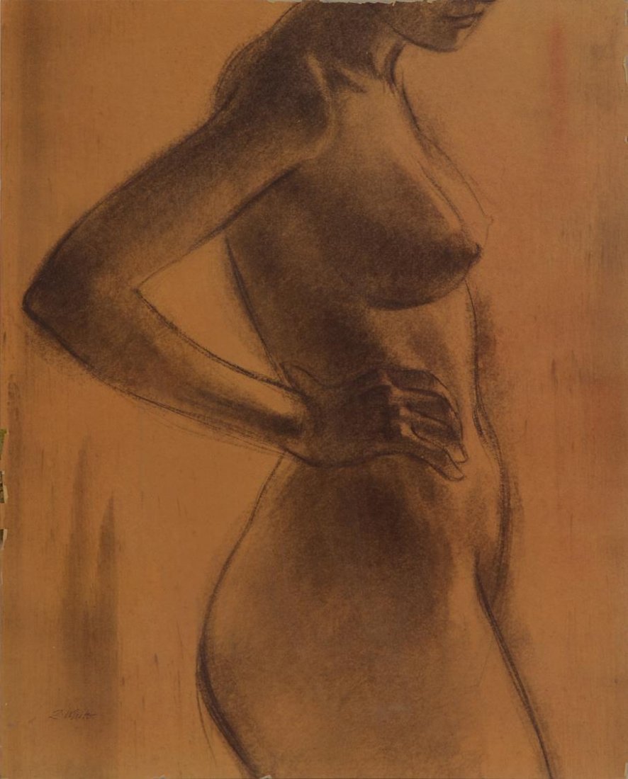 RALPH WHITE (1921-2004, TEXAS, CHARCOAL NUDE: Unframed charcoal drawing on art board, Female Nude, sighned lower left R. White (Ralph Ernest White Jr., Minnesota, Texas, 1921-2004), 20"h, 16"w Start Price: $150.00