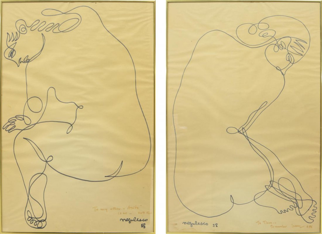 (2) JEAN NEGULESCO (1900-1993), NUDE DRAWINGS: (lot of 2) Framed drawings, marker on paper (1) Nude Woman, Left, signed, dated lower right with sentiment Negulesco, '58 (Jean Negulesco, Spain, California, 1900-1993); (1) Nude Woman, Right, signed,