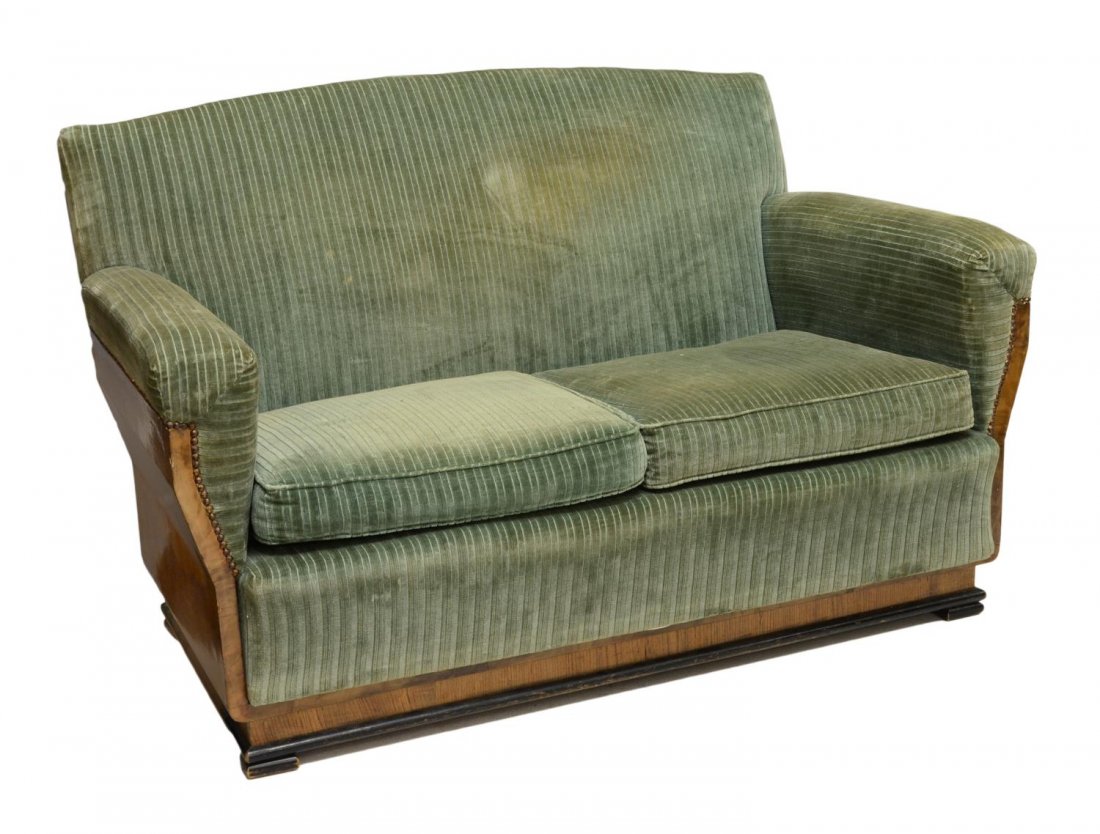 ART DECO GREEN STRIPED UPHOLSTERY SOFA: Art Deco upholstered loveseat sofa, c. 1925, green stripe upholstery with removable seat cushions, nail head accent and angular wood frame rising on a plinth base, some loss nail heads an wear to fabr