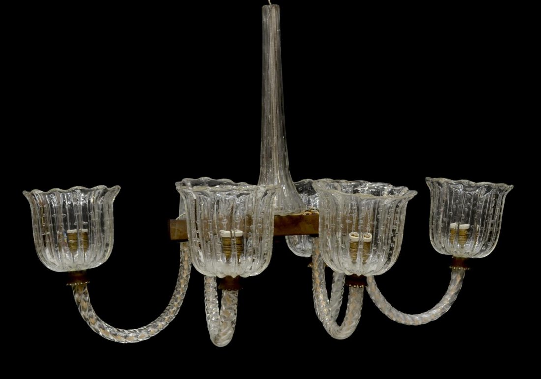 MID-CENTURY MODERN MURANO 6-LIGHT CHANDELIER: Mid-century modern Murano art glass six- light chandelier, crystal standard holding central bar issuing six twisted scrolled arms holding large suspended air bubble ribbed glass shades enclosing light