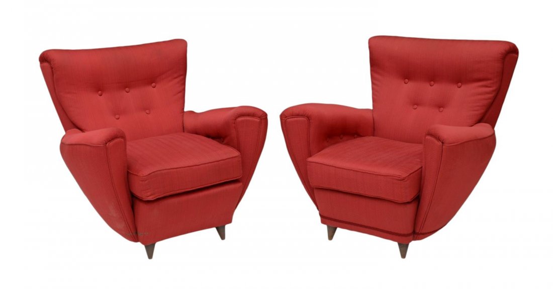 (2)ITALIAN MID-CENTURY MODERN LOUNGE CHAIRS: (lot of 2) Italian mid-century modern c. 1960, design by Ezio Minotti, upholstered in buttoned red fabric with a removable seat cushion, rising on turned legs, 33"h, 36"w, 34"d Start Price: $400.00