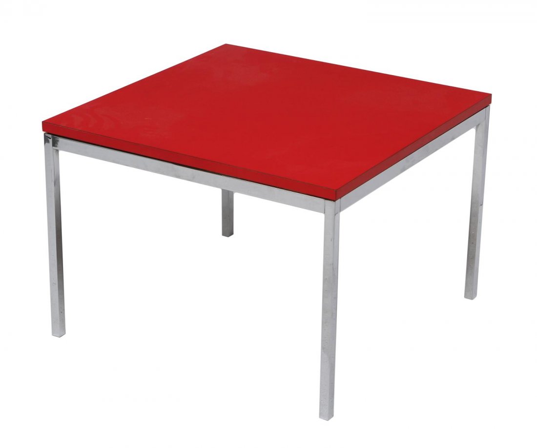 KNOLL CHROME STEEL & LAMINATE SQUARE SIDE TABLE: Knoll chrome steel framed side table with red laminate top, design by Florence Knoll for Knoll Associates, 17"h, 24"w, 24"d Start Price: $300.00