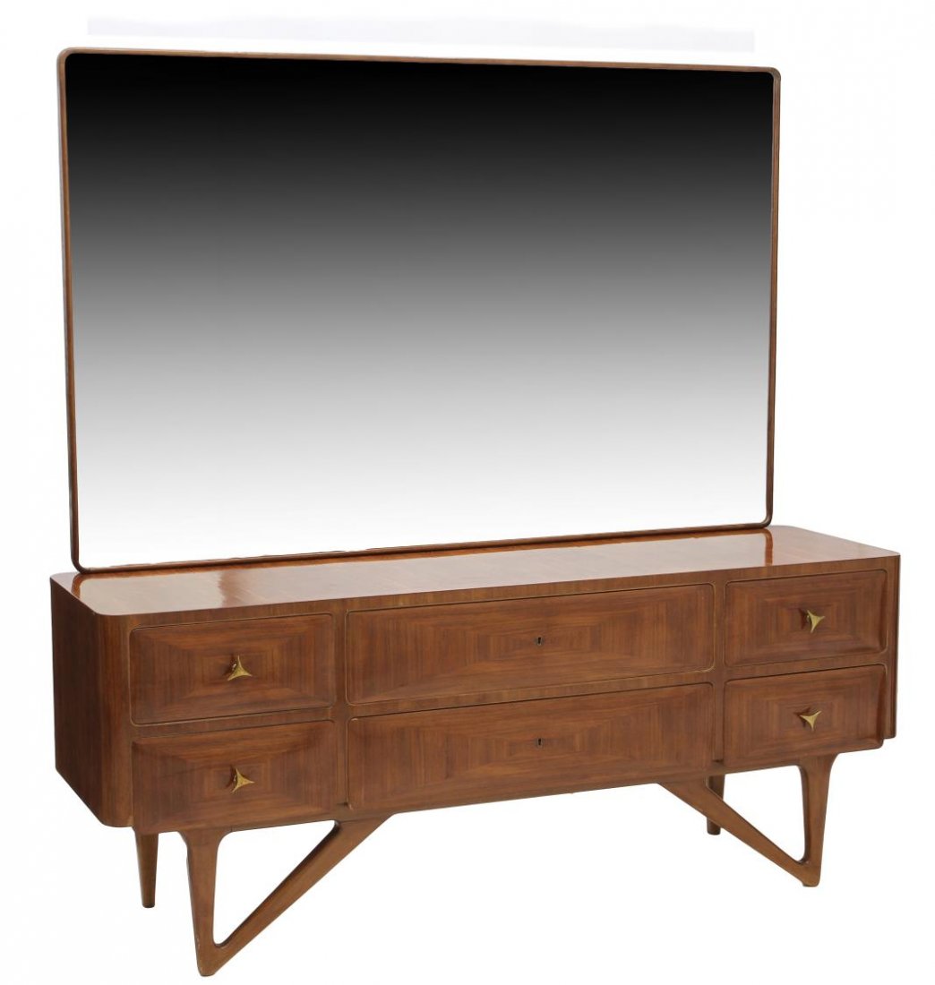 CARLO DE CARLI ITALIAN MID-CENTURY MODERN COMMODE: Italian mid-century modern mirror back commode, c. 1950, design by Carlo De Carli(Italian, 1910- 1999), a shaped mirror over a rectangular top cabinet having two short drawers to each side and two lon