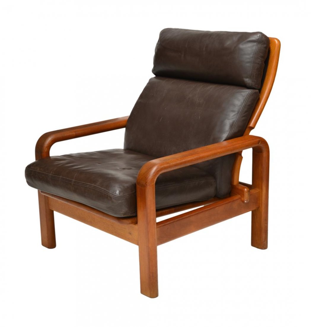 DANISH MID-CENTURY MODERN TEAKWOOD ARMCHAIR: Danish mid-century modern teakwood arm chair, removable brown leather back and seat cushion, small imprint to leather, approx 35.5"h, 29"w, 31"d Start Price: 150.00