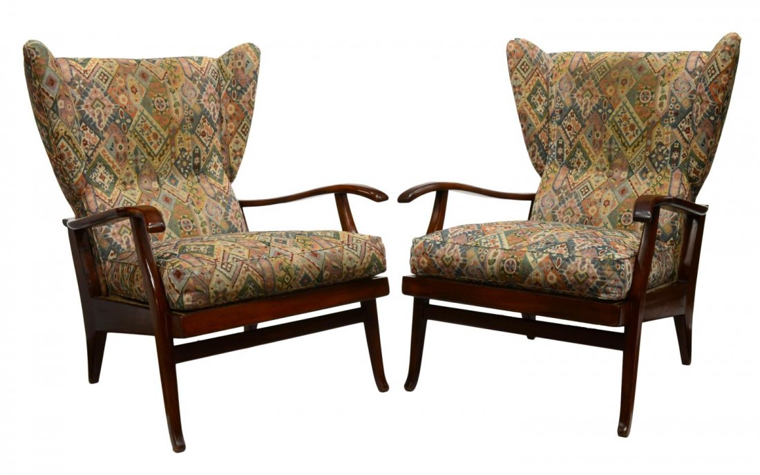 DESIGN ATTRIBUTED TO PAOLO BUFFA WINGED ARM CHAIRS: (pair) Italian mid-century modern reclining lounge chairs, c. 1950, design attributed to Paolo Buffa (Italian, 1903-1970), each winged back centering a row of three buttons, over a loose cushion seat,