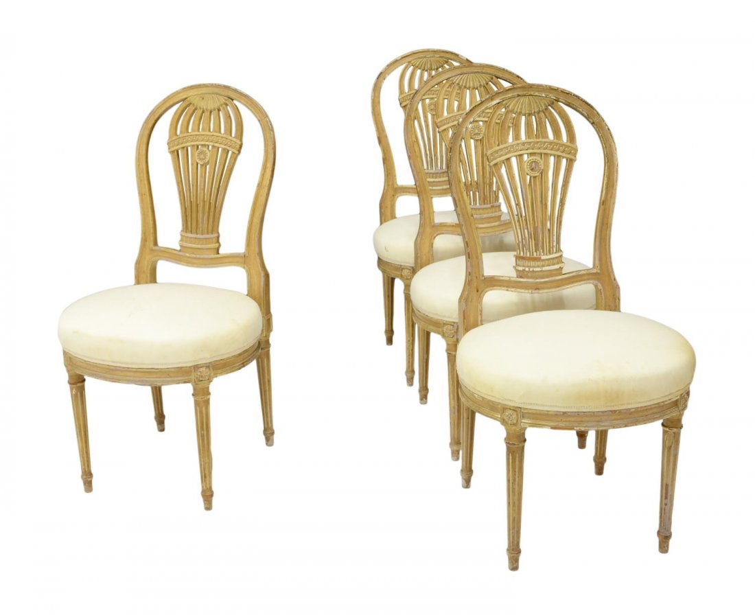 (4) MAISON JENSON ATTRIB. PARCEL GILT SIDE CHAIRS: (lot of 4) French carved and upholstered side chairs, mid-20th c., attributed to Maison Jansen, a rounded open balloon splat with raised 'M' to center, circular white seat cushion, raised on reeded le