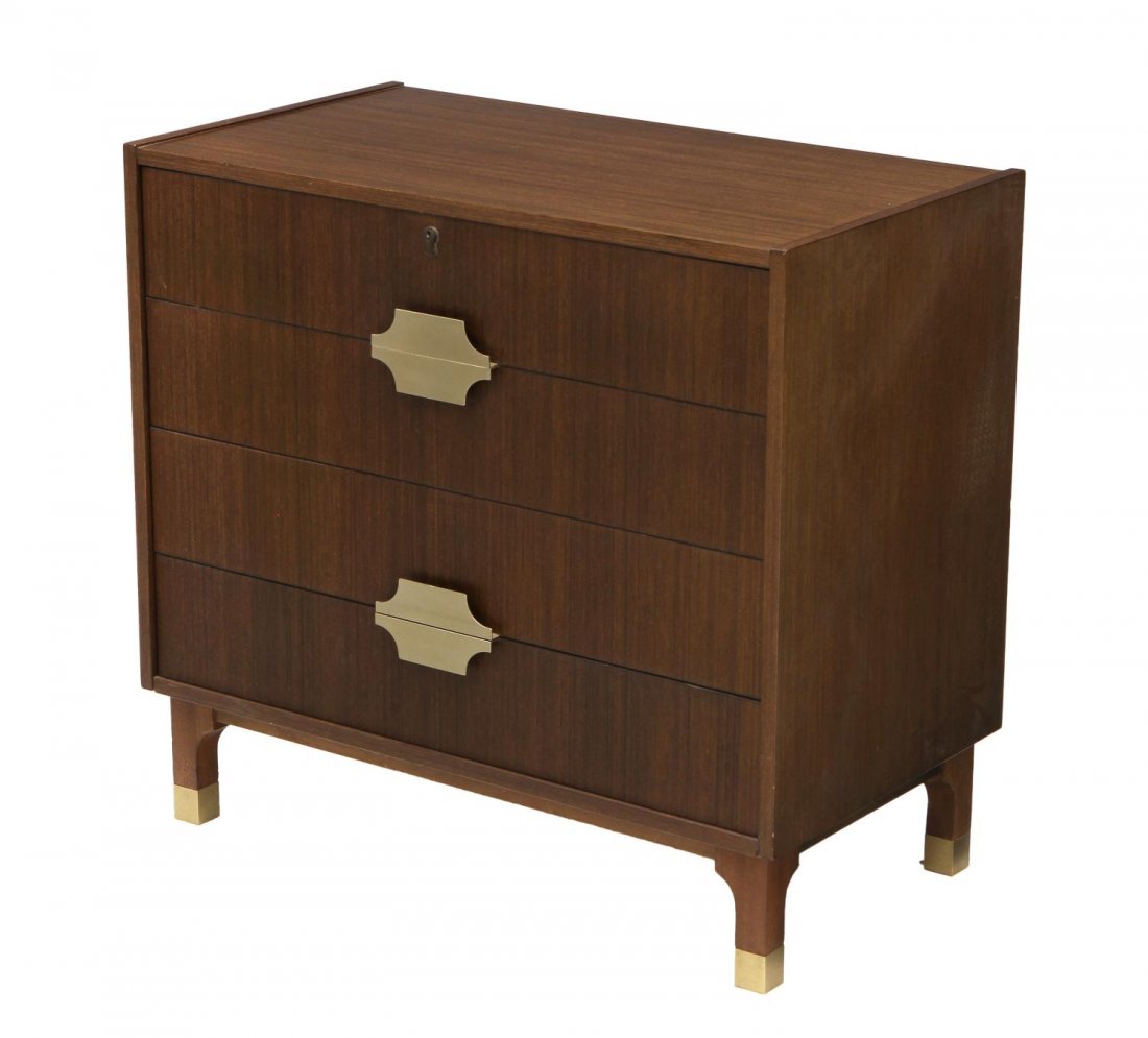 ITALIAN DESIGN MID-CENTURY MODERN CHEST OF DRAWERS: Italian design mid-century modern chest of four drawers, c. 1960, top lockable drawer lacking key, shaped gilt metal pulls, rising on squared supports ending in brass caps, 29"h, 31.5"w, 17.25"d Start