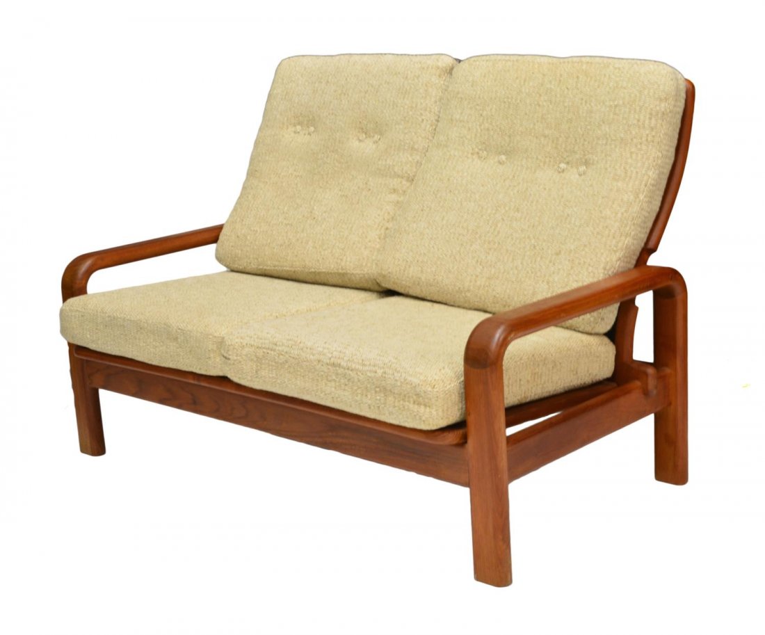 DANISH MID-CENTURY MODERN TEAKWOOD FRAME SOFA: Danish mid-century modern loveseat, with a teakwood frame, removable beige upholstered button tufted cushions, rising on flat legs, approx 36"h, 54"w, 29"d Start Price: $150.00