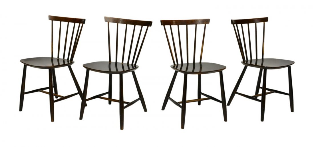 (4) DANISH KITCHEN CHAIRS: (lot of 4) Danish beech wood kitchen chairs, 1950's, a curved back rail on spindles over the shaped seat, all raised on tapering stretcher joined legs, 30.5"h, 16"w, 18"d Start Price: $60.00