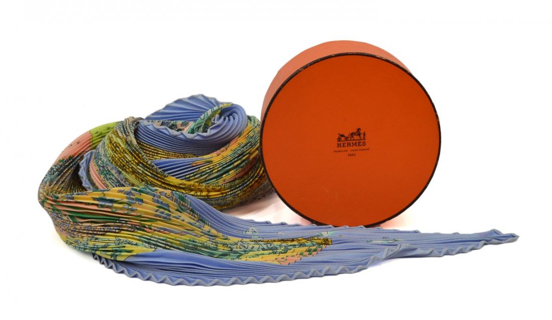 HERMES CARRE PLISSE L'ALANTIDE SILK SCARF: Hermes carre plisse silk scarf, "L'atlantide", design by Annie Faivre, accompanied by box, 35"l, 35"w, .25lbs Start Price: $100.00