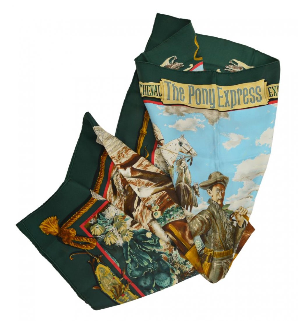 HERMES THE PONY EXPRESS SILK SCARF: Hermes silk scarf, "The Pony Express", design by Kermit Oliver, approx 35"h, 34.5"w, .25lbs Start Price: $150.00