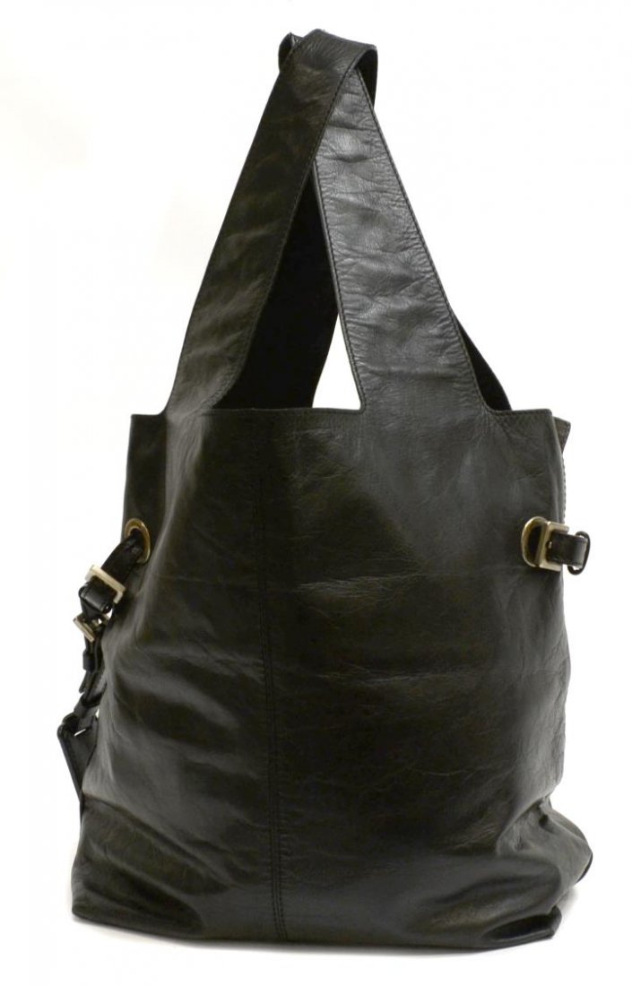 GIVENCHY SOFT BLACK LEATHER SHOULDER BAG: Givenchy black soft distressed leather shoulder bag with silver tone hardware, two side straps, hanging tag, open bag suede lined with slot and zipper pockets, bag: approx 13"h, 14"l, with straps: 21.