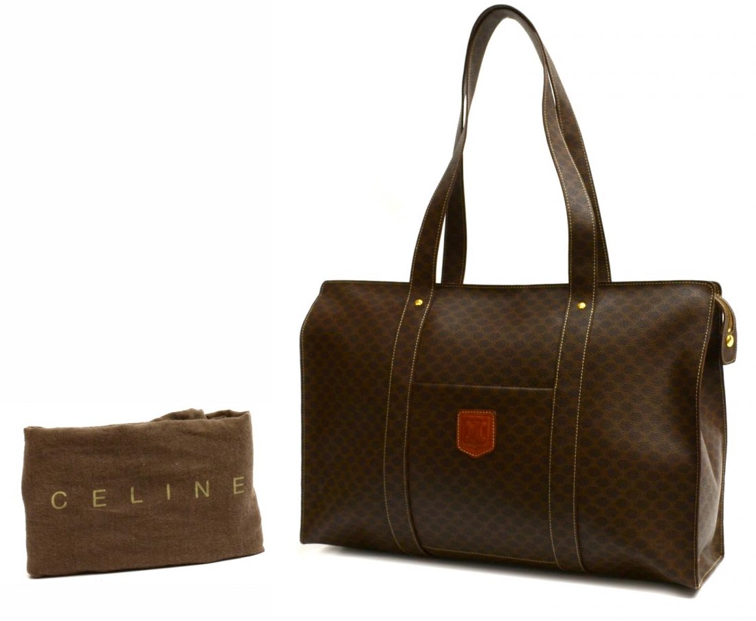 VINTAGE CELINE BROWN MACADAM CANVAS TOTE BAG: Vintage Celine brown macadam canvas tote shoulder bag with brown leather accents, gold tone hardware, zipped interior with hanging zip pocket, retaining dust bag, bag: approx 14"h, 18.25"w, Start Pric