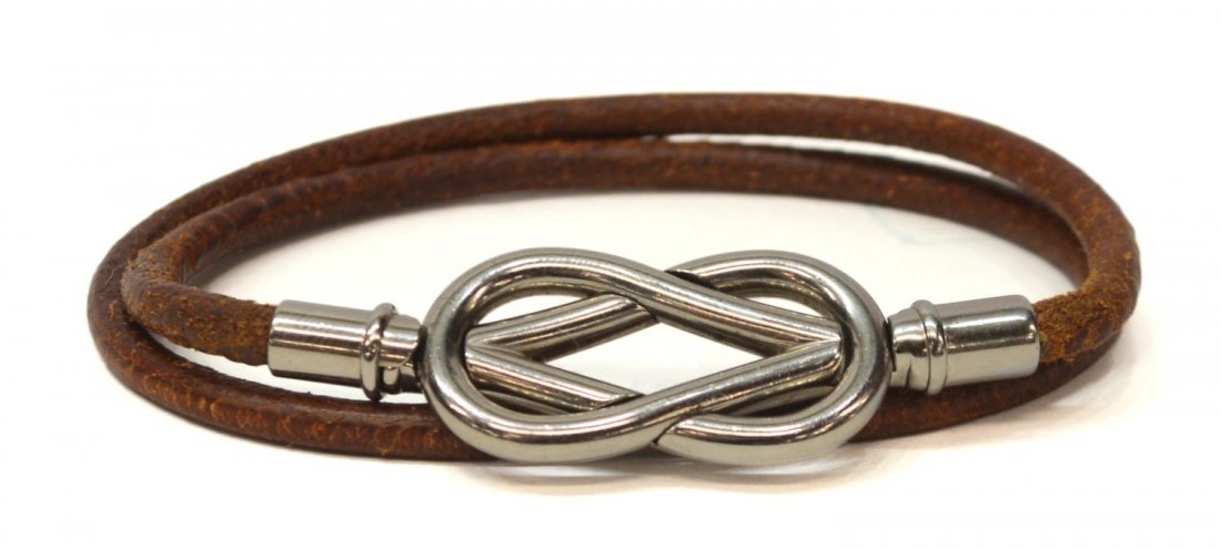 HERMES ATAME CHOKER & DOUBLE BRACELET: Hermes 'Atame' choker and double bracelet in brown leather and silver tone hardware, mark on loop, 16"l(end to end) Start Price: $100.00