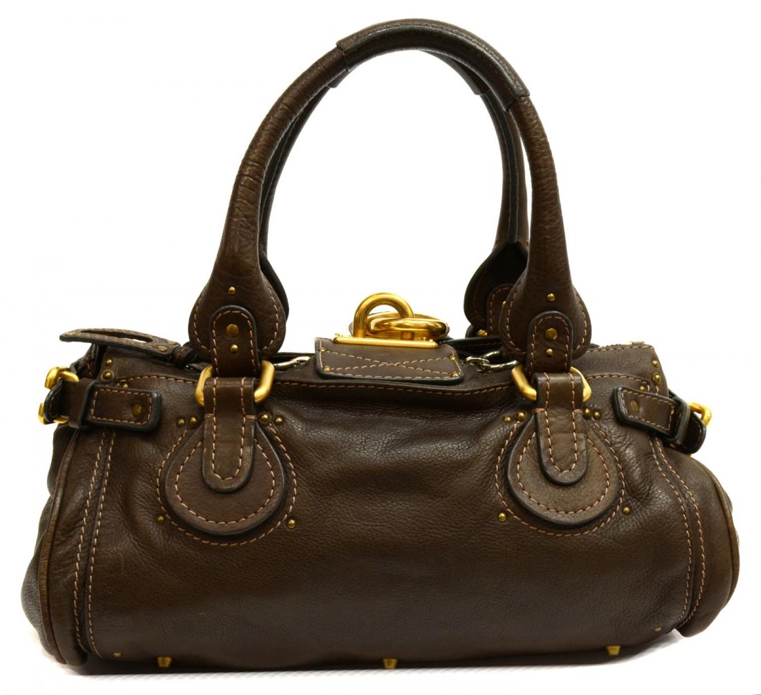 CHLOE CHOCOLATE BROWN PADDINGTON MM PURSE: Chloe "Paddington" in dark chocolate brown grained leather with brushed gold tone hardware, two exterior slot pockets, top unzips to dark brown cloth lined interior featuring slot and zipped pockets, 