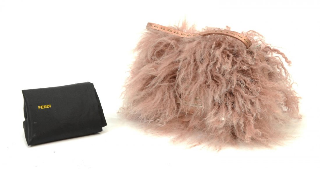 FENDI ROSE MONGOLIAN LAMB FUR SELLERIA HANDBAG: Fendi 'Selleria' hand bag in blush Mongolian lamb fur and leather with silver tone hardware, beige suede interior with one side zipper pocket, single flap with magnetic snap closure, accompanied by du