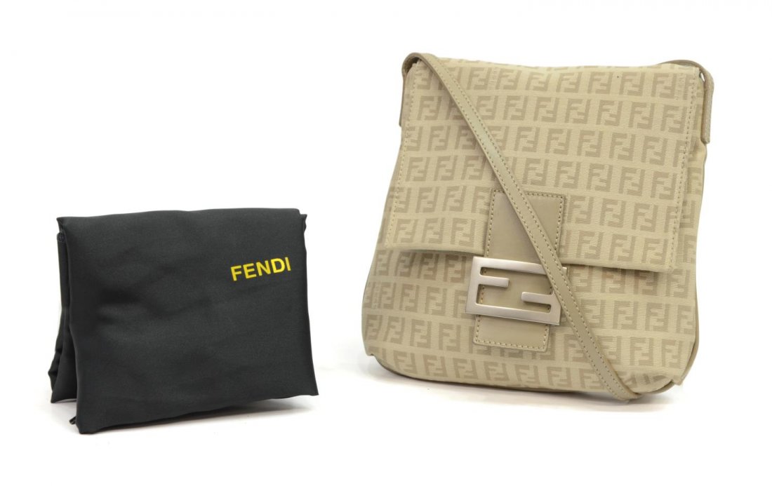 FENDI LIGHT BEIGE MONOGRAM CANVAS ZUCCHINO BAG: Fendi 'Zucchino' crossbody shoulder bag in light beige monogram canvas and leather, beige fabric interior with one open cell pocket, single flap with magnetic snap closure, long strap having adjustabl