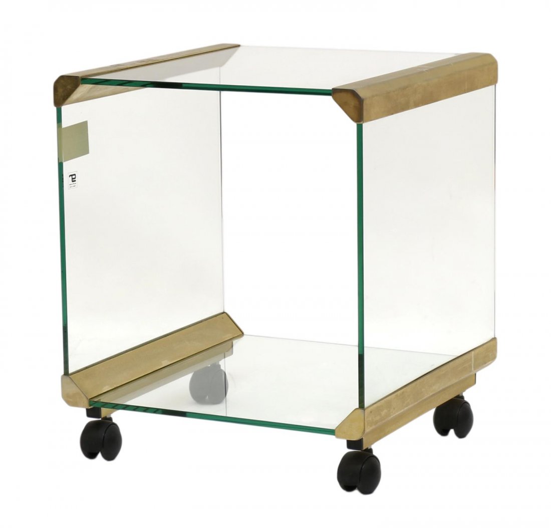 MID-CENTURY MODERN SERVICE CART, GALLOTTI & RADICE: Diminutive Italian mid-century modern service cart, retaining the tag of Gallotti & Radice, Cermenate, glassjoined by brass, rising on castors, 19.25"h, 16.5"w, 16"d