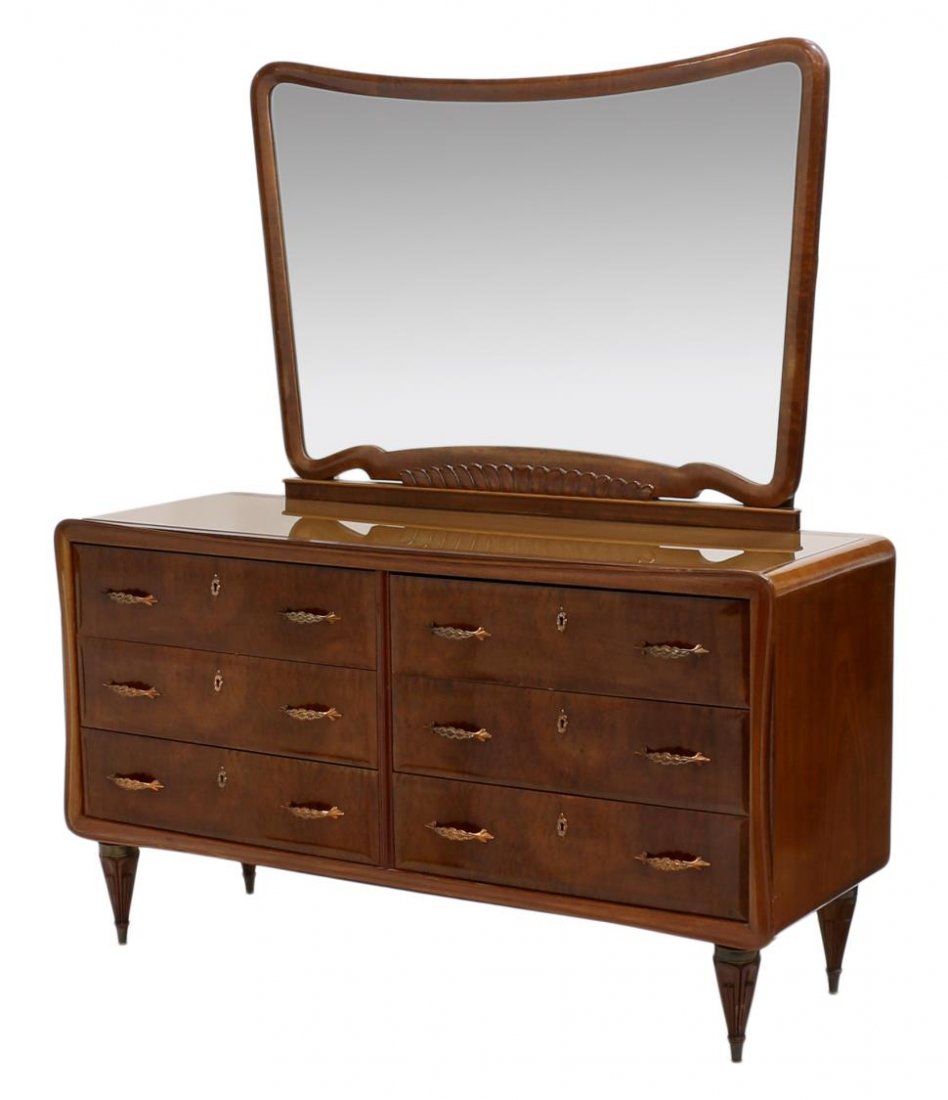 ITALIAN MID-CENTURY MIRRORED COMMODE: Italian mid-century modern mirrored gloss finish commode, c.1950, a shaped mirror over the inset glass top, two banks of three drawers with copper pulls,rising on tapered ribbed legs, 67.75"h, 59.25"w